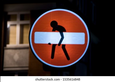 Artistic Traffic Sign Do Not Enter One Way Held Up By A Matchstick Man