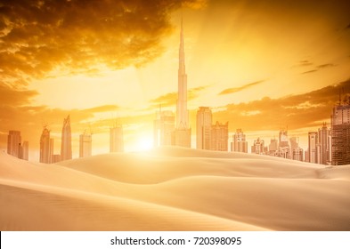 Artistic View Of The Dubai Skyline From The Desert