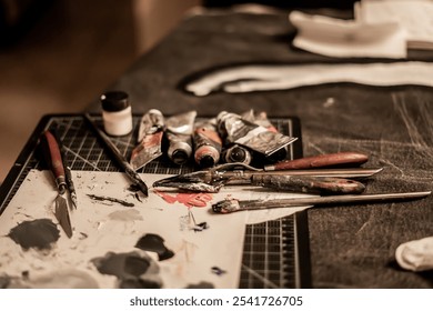 Artistic workspace with paint tubes, brushes, and palette knives - Powered by Shutterstock