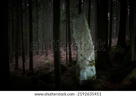 Artistically processed view night photo of ancient menhir hidden in the woods of Javornik mounth, Sumava National Park, Czech Republic
