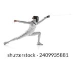 Artistry and combat. Electrifying photo of finesse of female fencer in motion, sword gleaming, against white studio background. Concept of professional sport, active lifestyle, fitness, strength.