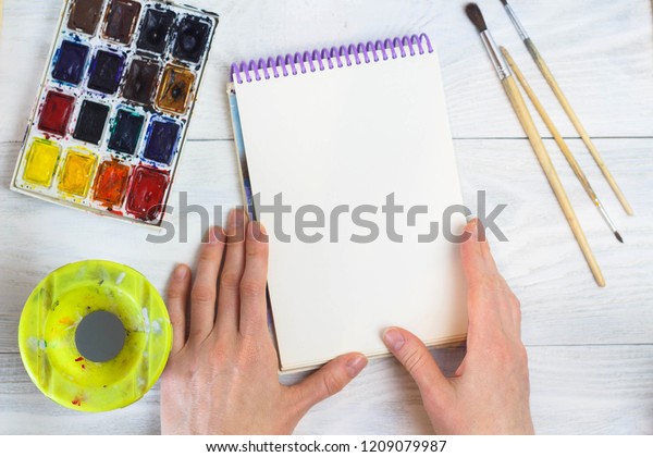 Artists Hands Paint Palette Brushes Different Stock Photo Edit Now 1209079987