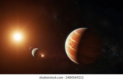 Artist's view of our solar system. Colorful planets, some with swirling gas, dance among a starry backdrop. - Powered by Shutterstock