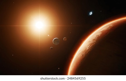 Artist's view of our solar system. Colorful planets, some with swirling gas, dance among a starry backdrop. - Powered by Shutterstock