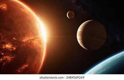 Artist's view of our solar system. Colorful planets, some with swirling gas, dance among a starry backdrop. - Powered by Shutterstock