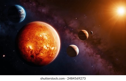 Artist's view of our solar system. Colorful planets, some with swirling gas, dance among a starry backdrop. - Powered by Shutterstock