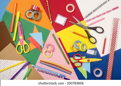 Arts And Craft Supplies. Corrugated Color Paper, Pencils, Different Washi Tapes, Craft Scissors.