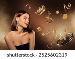 Artwork 3d collage picture of stunning classy lady casino roulette flying wheel golden tiara dice cubes