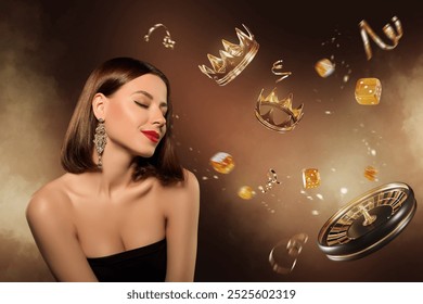 Artwork 3d collage picture of stunning classy lady casino roulette flying wheel golden tiara dice cubes - Powered by Shutterstock