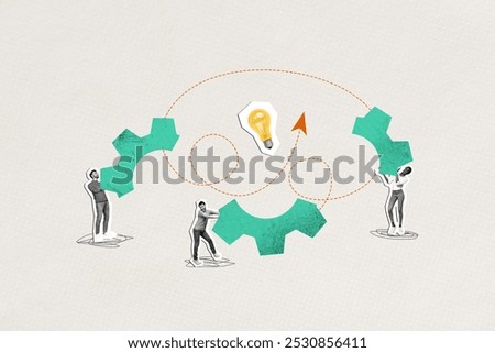 Artwork 3D sketch image photo collage of trader business space graphics arrow cogwheel teamwork young lady man organization idea lamp