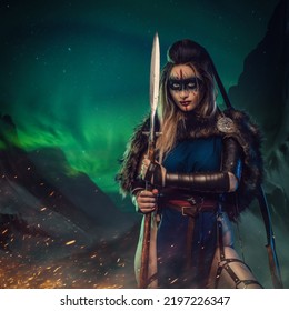 Artwork Of Antique Nordic Warrior Woman With Strup Back Longbow Holding Spear.