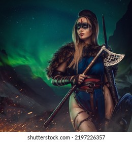 Artwork Of Antique Nordic Warrior Woman With Strup Back Longbow Holding Shield And Axe.