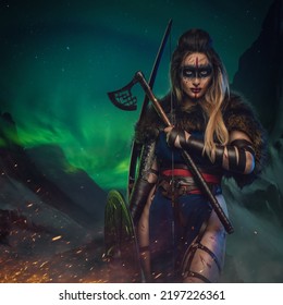 Artwork Of Antique Nordic Warrior Woman With Strup Back Longbow Holding Shield And Axe.