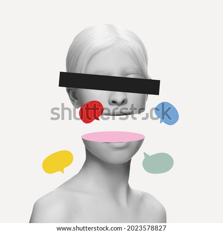Artwork. Close-up young woman's split face, head with social media signs isolated on light background. Split personality, mental problems and media addiction concept. Copyspace for ad.