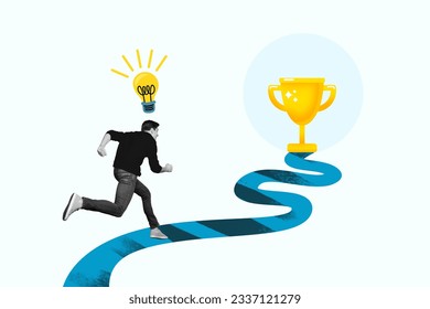 Artwork collage of black white colors guy light bulb above head hurry run champion trophy cup path isolated on creative background - Shutterstock ID 2337121279