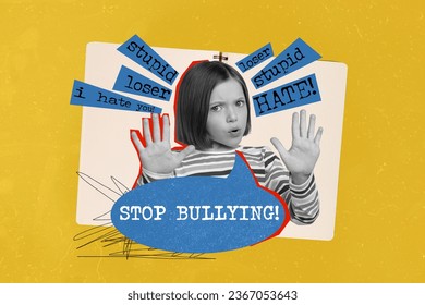 Artwork collage of black white effect girl arms demonstrate stop bullying gesture stupid loser i hate you words isolated on yellow background - Shutterstock ID 2367053643