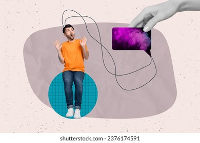 Artwork collage of black white effect arm hold dialogue bubble connected head mini impressed frightened guy isolated on creative background - Powered by Shutterstock