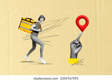 Artwork collage of cheerful black white colors girl glovo courier carry backpack run big arm point finger geolocation isolated on paper background