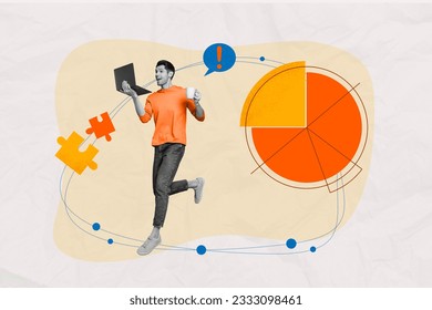 Artwork collage of excited black white effect guy jump use netbook hold coffee cup exclamation mark dialogue bubble puzzle pieces - Shutterstock ID 2333098461