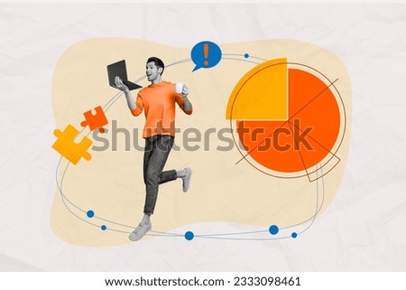 Artwork collage of excited black white effect guy jump use netbook hold coffee cup exclamation mark dialogue bubble puzzle pieces