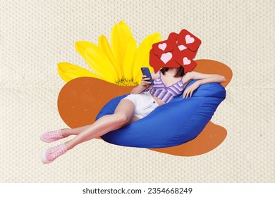Artwork collage girl sit beanbag use smart phone like notification cover head big flower isolated paper background
