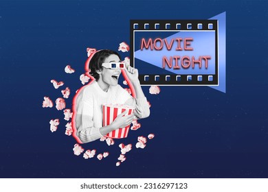 Artwork collage image of astonished positive black white effect girl hold popcorn 3d glasses movie night isolated on dark blue background - Powered by Shutterstock