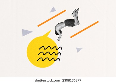 Artwork collage image of black white colors guy wear shorts jumping diving dialogue bubble isolated on drawing background - Powered by Shutterstock