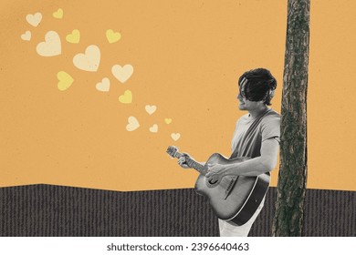 Artwork collage image of black white effect guy lean tree play acoustic guitar sing love songs painted hearts isolated on orange background - Powered by Shutterstock