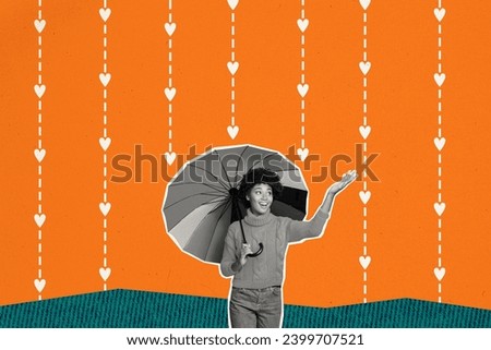 Artwork collage image of excited black white effect girl hold umbrella arm catch heart symbols rain isolated on orange background