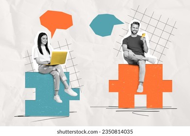 Artwork collage image of mini black white effect people sit puzzle pieces use netbook smart phone dialogue bubble isolated on paper background