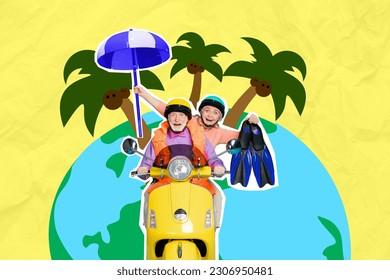 Artwork collage image two excited people ride moped bike hold sum umbrella diving fins planet earth globe worldwide palm tree