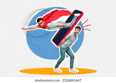 Artwork collage image of two excited mini guys hold big smart phone display flying super hero isolated on creative background - Powered by Shutterstock