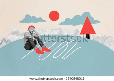 Artwork collage image of unsatisfied mini black white effect guy sit hill painted clouds sun tree isolated on creative background
