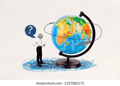 Artwork collage of mini black white colors boy hold pointer plasticine mind bubble question mark big planet earth globe flying aircraft - Powered by Shutterstock