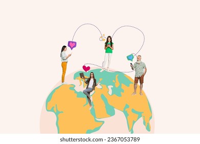 Artwork collage of mini happy people use smart phone netbook communicate texting like notification web connection around world globe - Powered by Shutterstock - Get 15% off with code: PIKWIZARD15