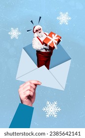 Artwork collage picture of arm holding santa claus x-mas envelope letter isolated blue color background
