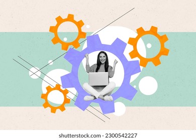 Artwork collage picture of delighted mini black white colors girl use netbook raise fists inside big cogwheel gear isolated on drawing background