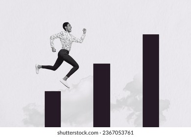 Artwork collage picture of excited black white colors person jump run climb growing stairs graphics upwards isolated on creative background - Powered by Shutterstock