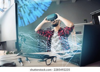 Artwork collage picture of excited guy metaverse game developer experience virtual reality glasses device laptop interactive hologram