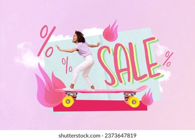 Artwork collage picture of excited mini girl ride huge skateboard painted flame big sale percent clouds isolated on pink background - Powered by Shutterstock