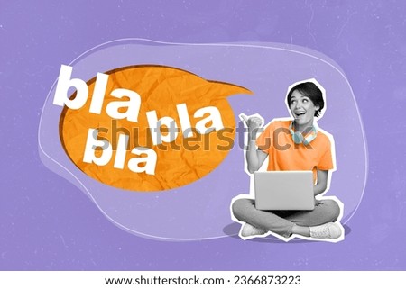 Artwork collage picture of excited mini black white colors girl use netbook point finger huge dialogue bubble bla blah isolated on violet background