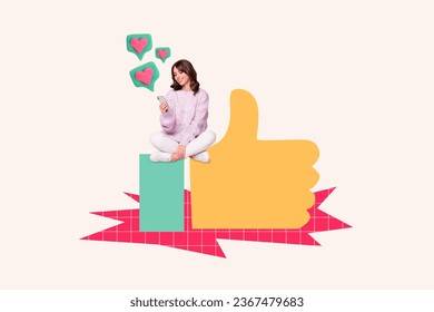 Artwork collage picture of happy positive girl writing sending comment instagram facebook likes isolated on white color background - Shutterstock ID 2367479683