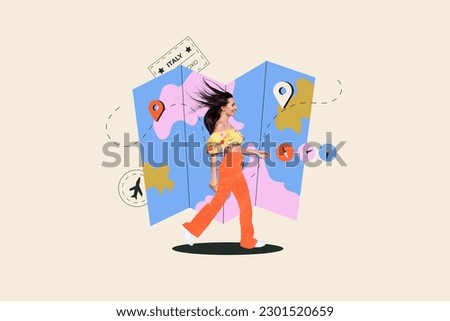 Artwork collage picture of mini positive girl walking huge world map flight location mark italy isolated on creative background
