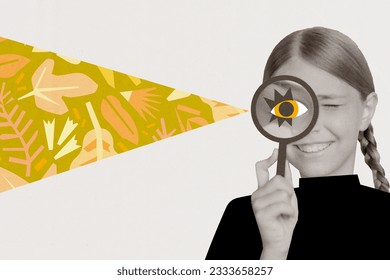 Artwork collage picture of positive black white colors girl arm hold magnifier lens glass eye look drawing leaves isolated on creative background - Powered by Shutterstock