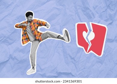 Artwork collage sketch metaphor of mad crazy guy unpopular blogger kicking heart obession social media isolated on paper background - Powered by Shutterstock