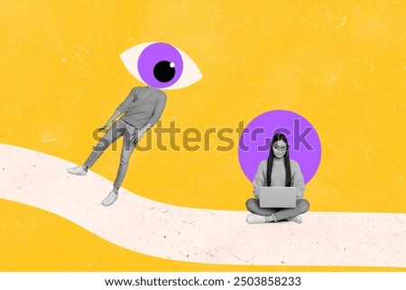 Artwork collage of weird guy looking in ladies netbook read conspiracy data isolated on bright drawing color background