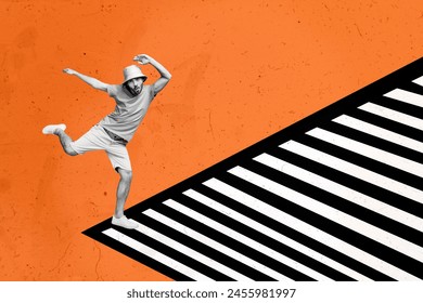 Artwork composite 3D collage of orange color black white line element silhouette young active funky dance move young man posing excited - Powered by Shutterstock