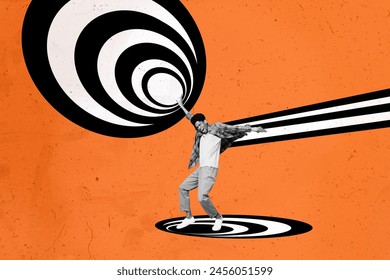 Artwork composite 3D collage of orange color black white line element silhouette style active funky dance move young man model posing - Powered by Shutterstock