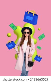 Artwork creative collage banner of stylish girl wealthy shopaholic with 3d money buying mall bags