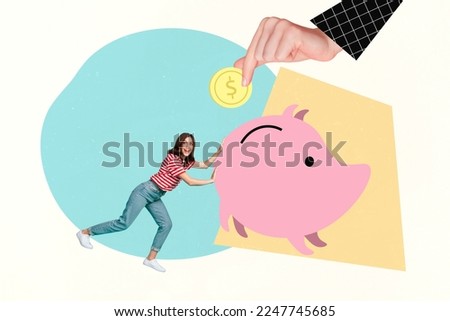 Artwork creative collage photo of young business lady pushing piggybank collect money nft tokens become rich isolated on painted background